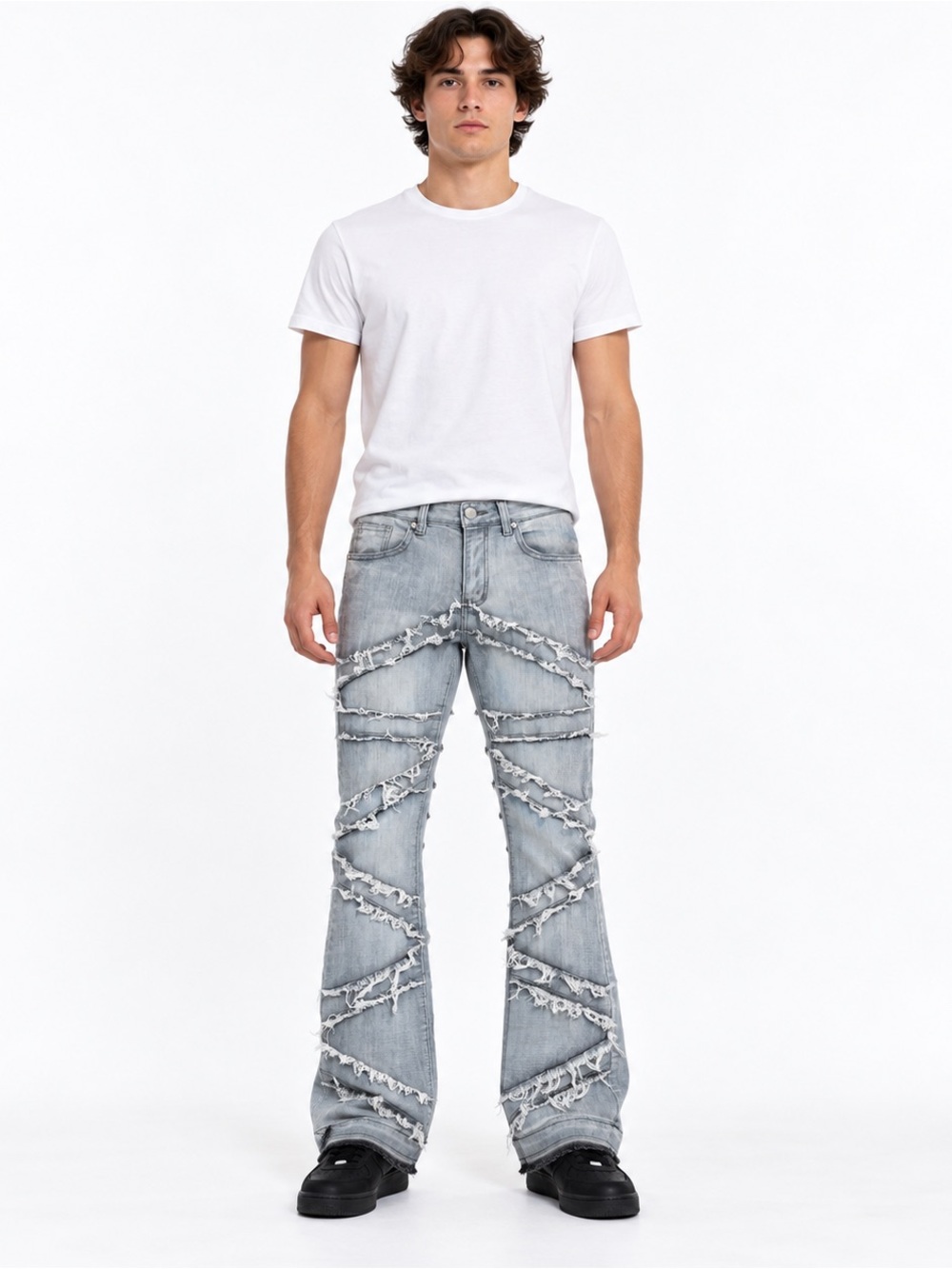 Waimea Gray Distressed Zigzag Fringe Flare Jeans Men’s 30x33
